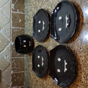 Pottery Barn Kids Bowl Plates Black Bat Set Candy Dish Spooky Rare Retired Htf